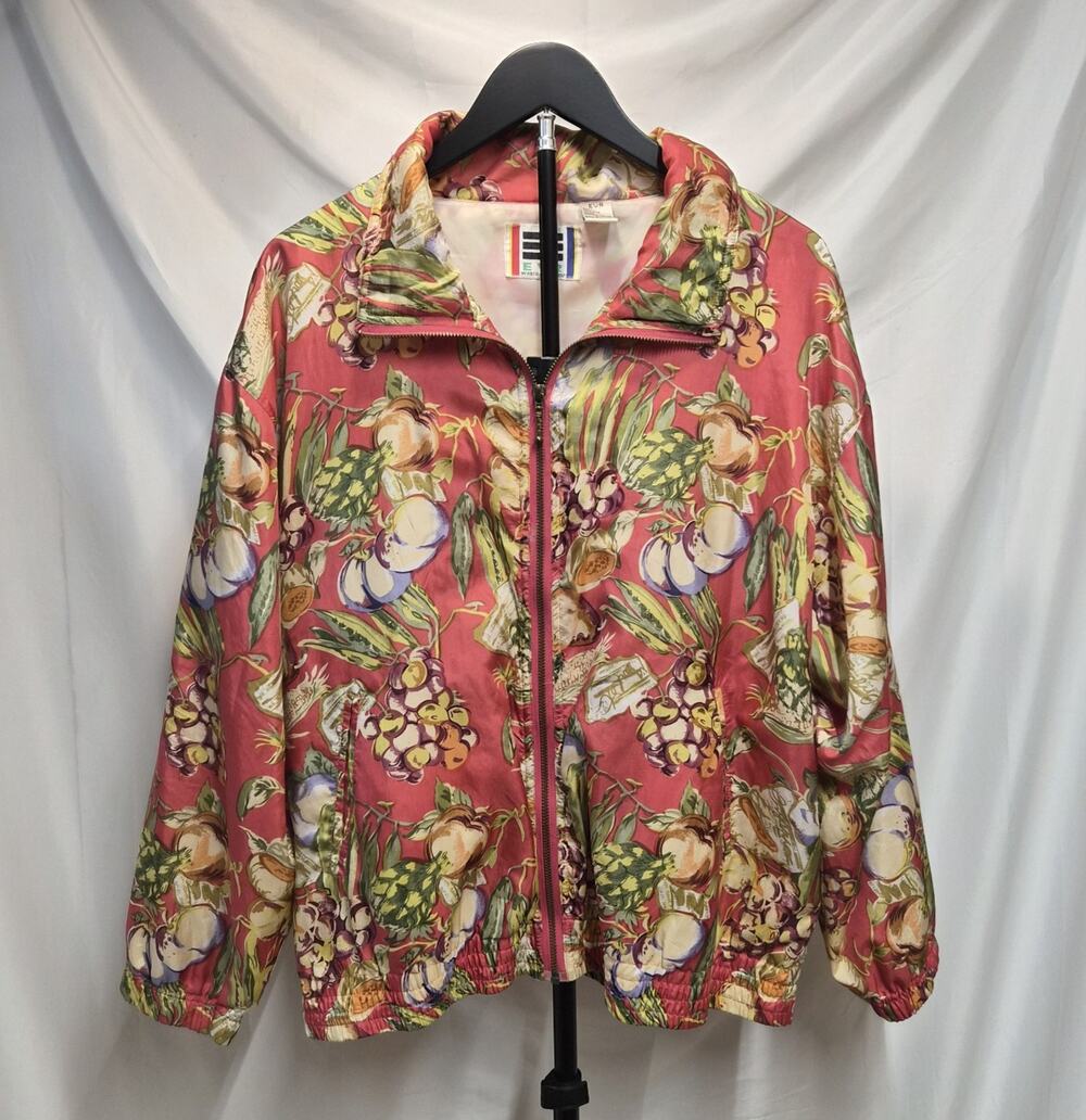 EVR Silk Bomber Jacket Fruit & Botanical Print Women's Size Large Artwear